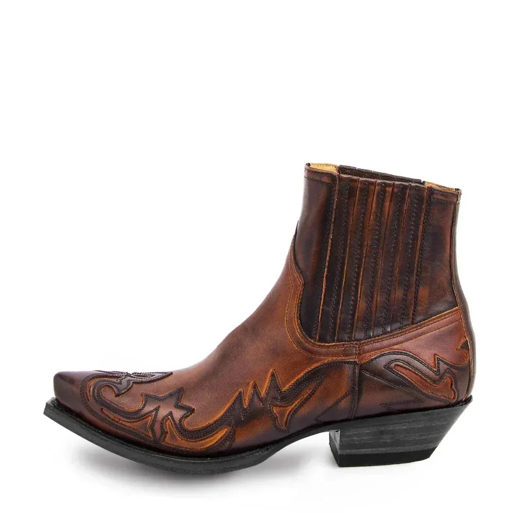 Men's Pointed Toe Western Leather Boots with Elastic Panels – Brown