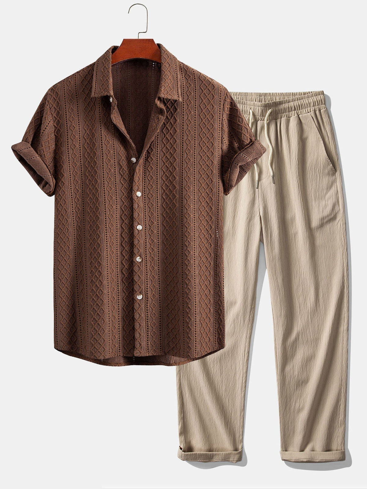 Men's Woven Jacquard Shirt and Straight-Leg Trousers Two-Piece – Brown