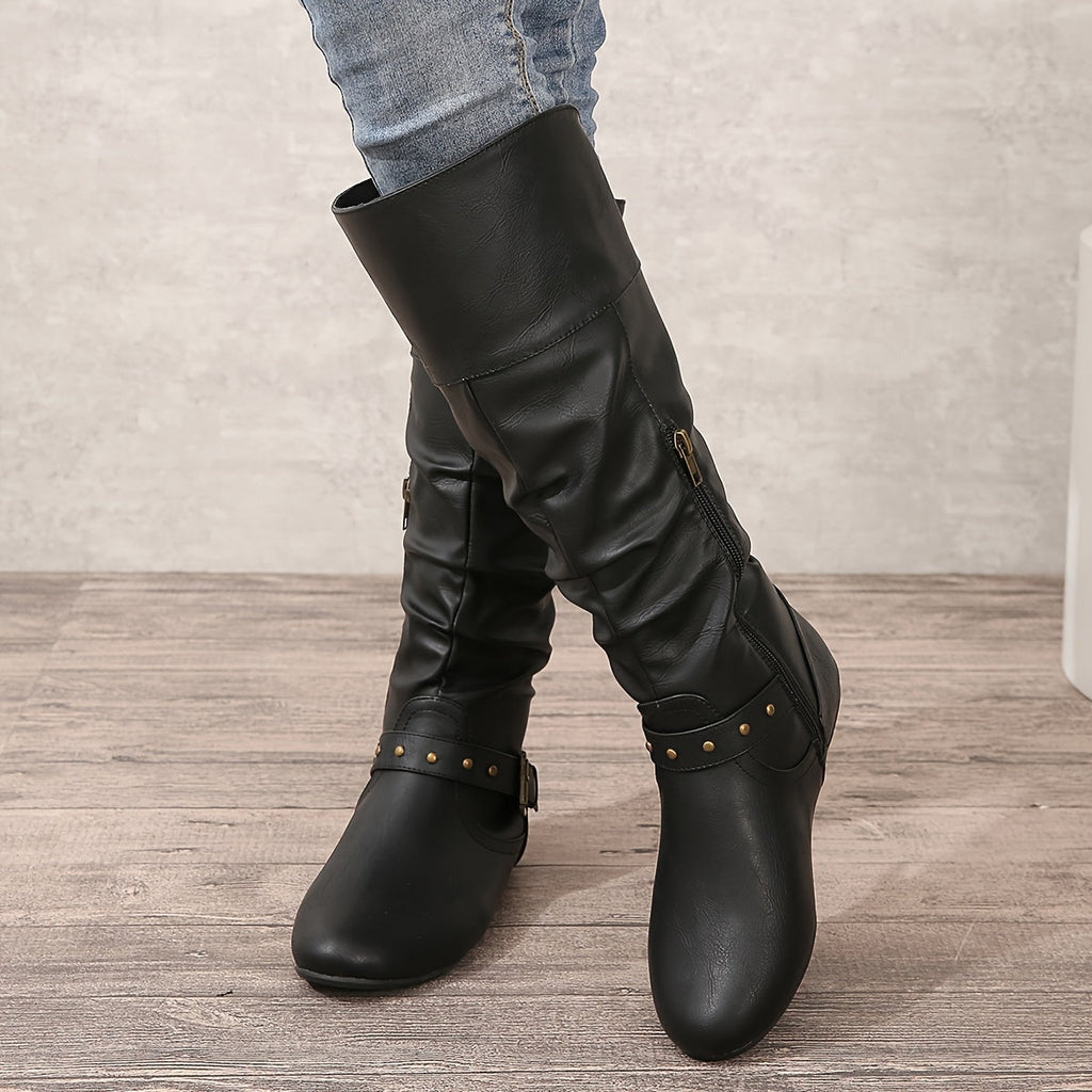 Women's Flat Round Toe Tall Boots with Buckle Strap