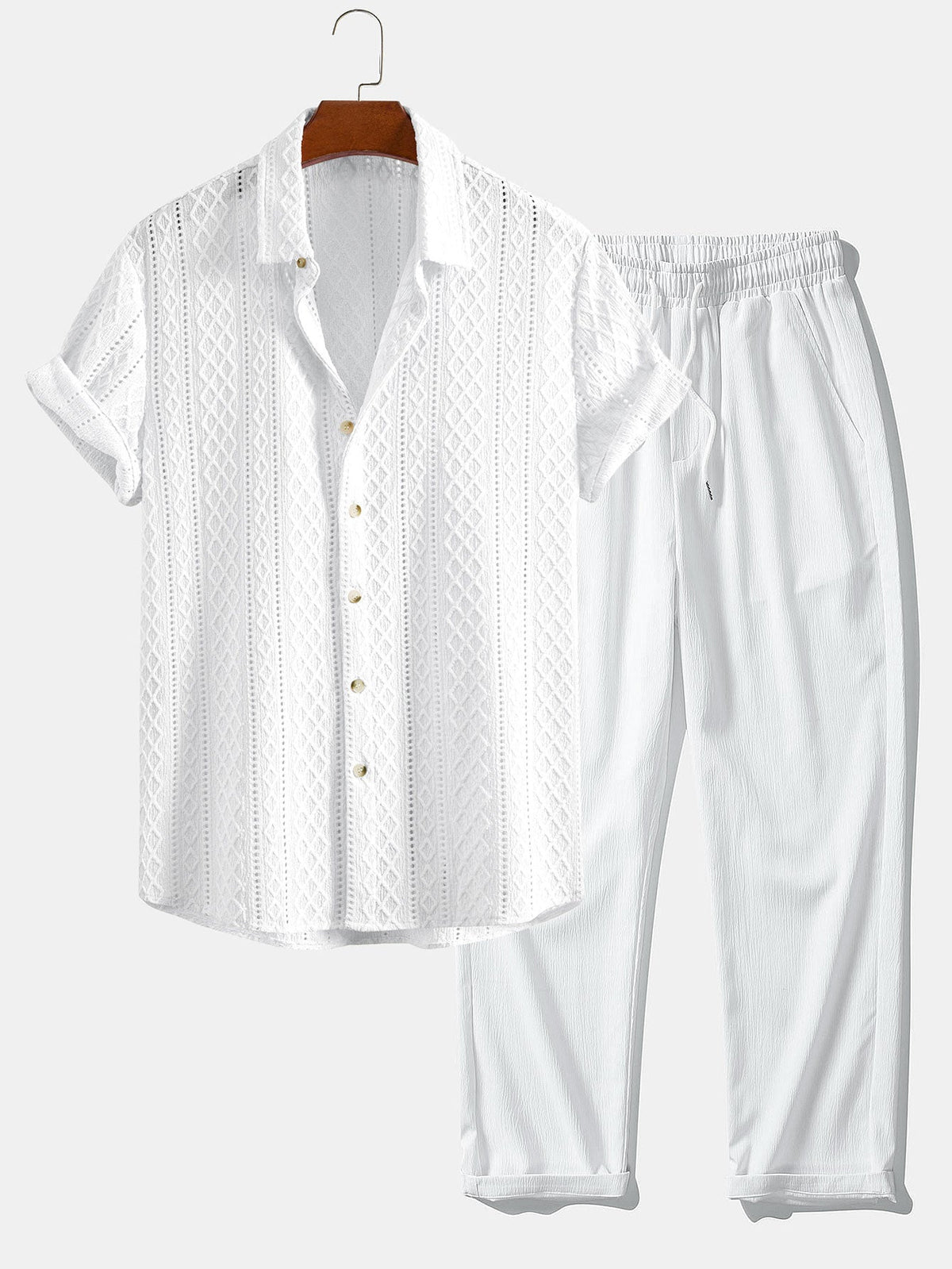 Men's Woven Jacquard Shirt and Straight-Leg Trousers Two-Piece – White