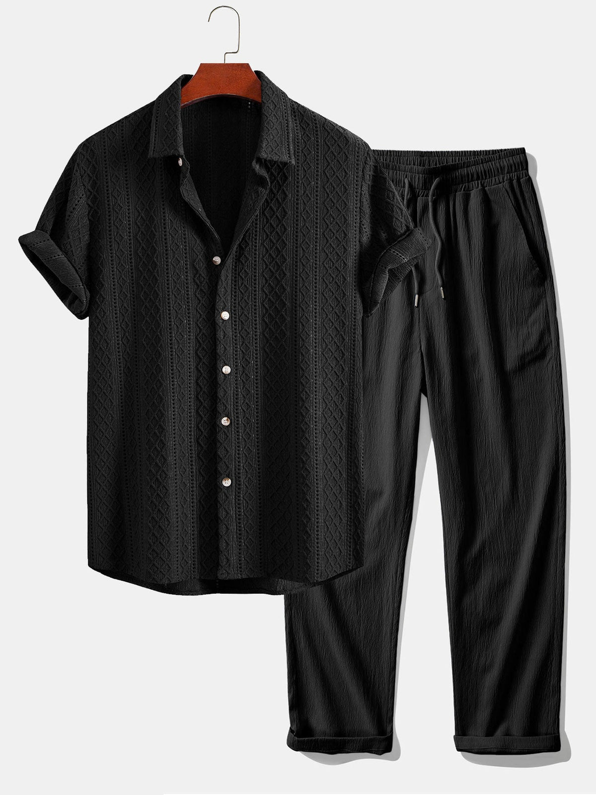 Men's Woven Jacquard Shirt and Straight-Leg Trousers Two-Piece – Black