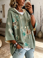 Women's Relaxed Floral Knit Hooded Poncho Jumper