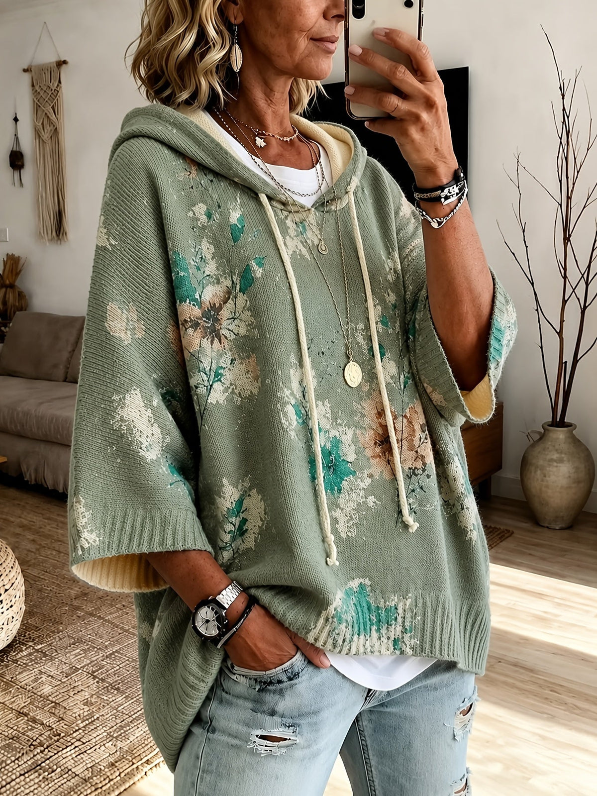 Women's Relaxed Floral Knit Hooded Poncho Jumper