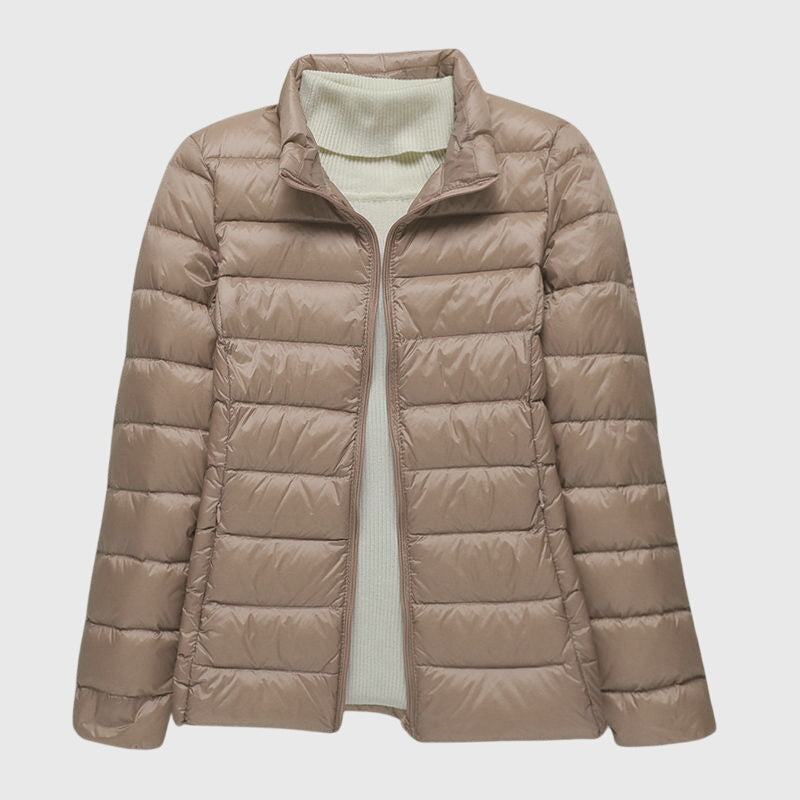 Women's Lightweight Quilted Jacket with Hood or Stand Collar – Khaki Stand Collar