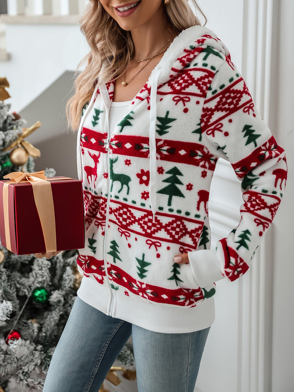 Women's Plush Festive Print Hooded Zip Cardigan with Pockets