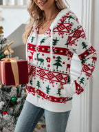 Women's Plush Festive Print Hooded Zip Cardigan with Pockets