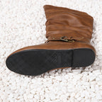 Women's Flat Round Toe Tall Boots with Buckle Strap