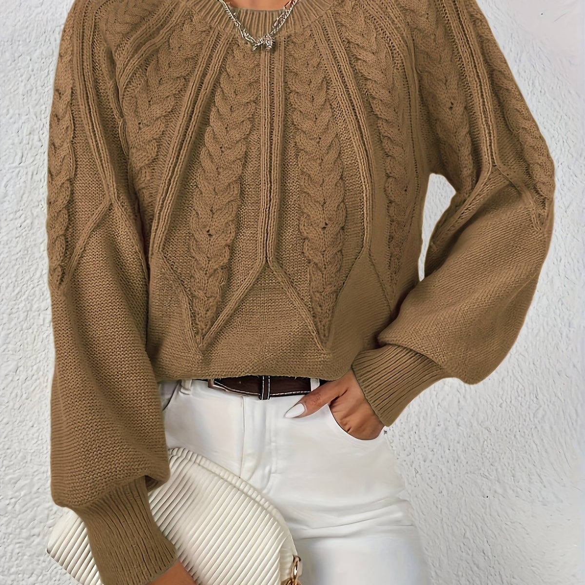 Women's Statement Sleeve Wool Blend Cable-Knit Jumper – Khaki