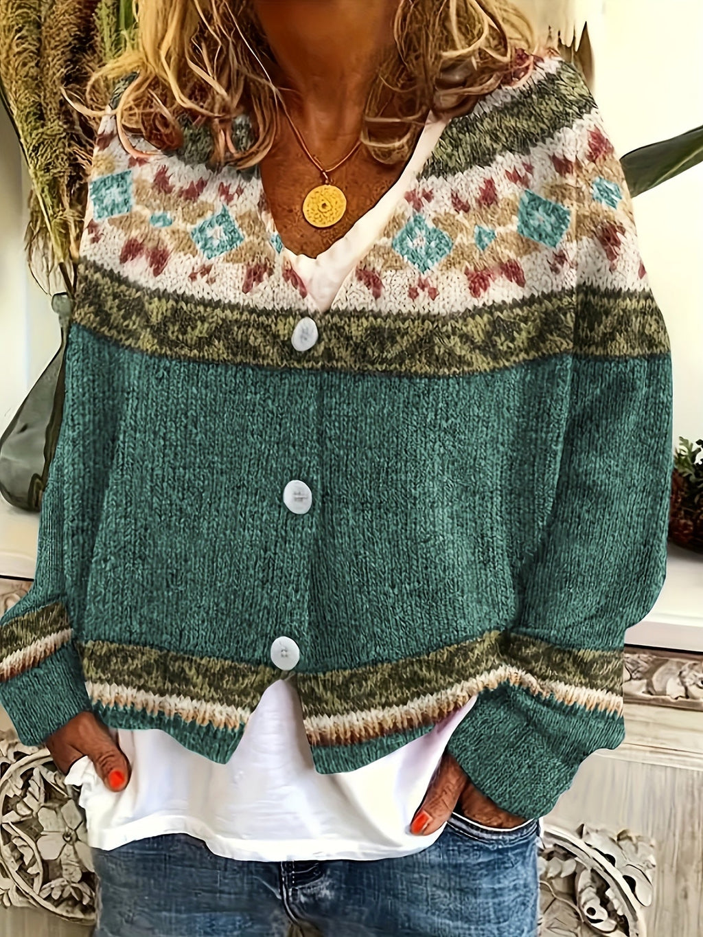 Women's Relaxed Knit Cardigan with Patterned Yoke