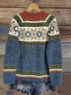 Women's Relaxed Knit Cardigan with Patterned Yoke