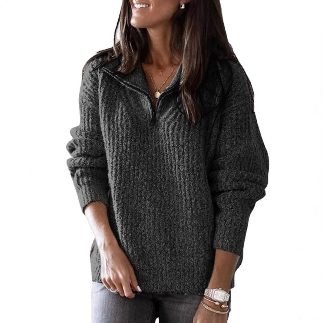 Women's Stand Collar Ribbed Texture Half-Zip Jumper