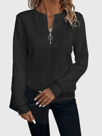 Women's Full Zip Cable-Knit Cardigan with Cropped Sleeves - Black