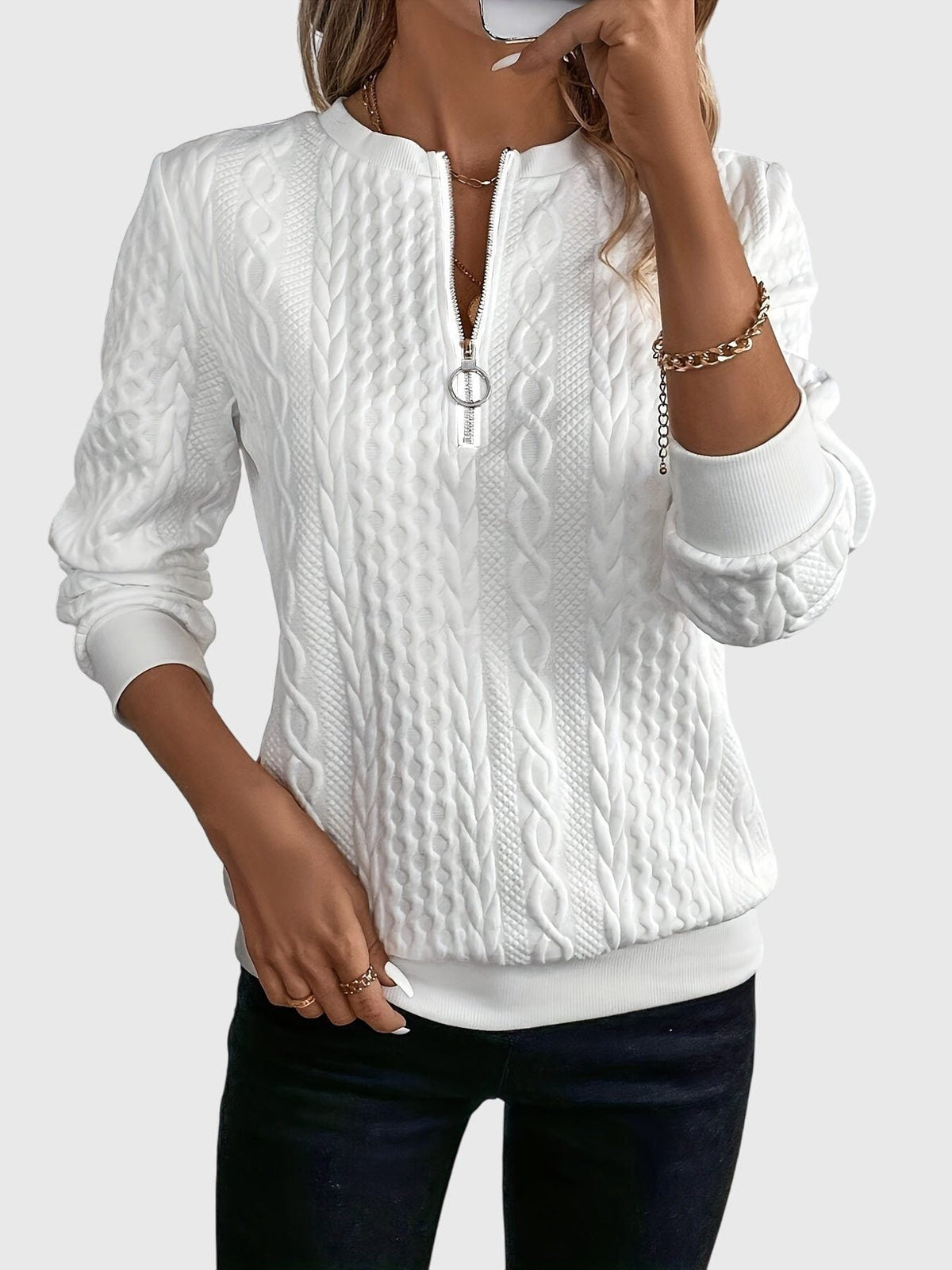 Women's Full Zip Cable-Knit Cardigan with Cropped Sleeves