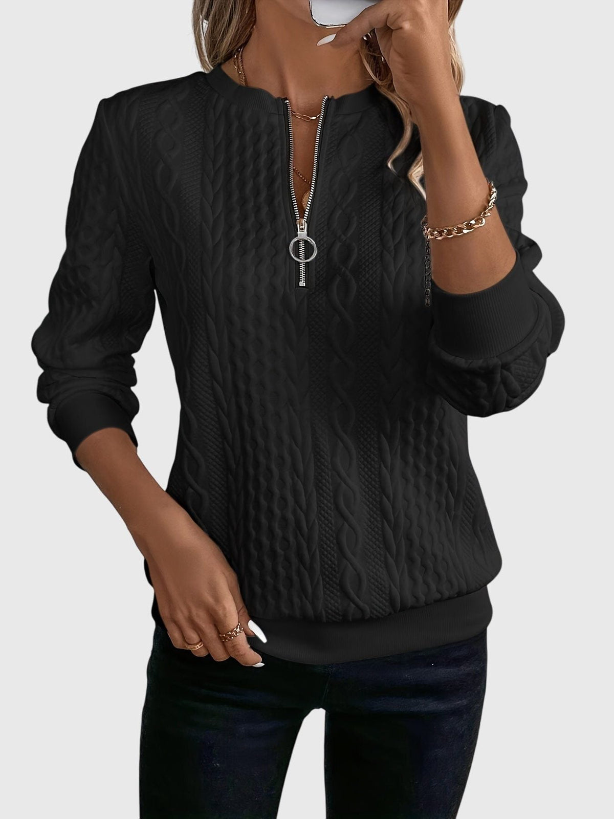 Women's Full Zip Cable-Knit Cardigan with Cropped Sleeves