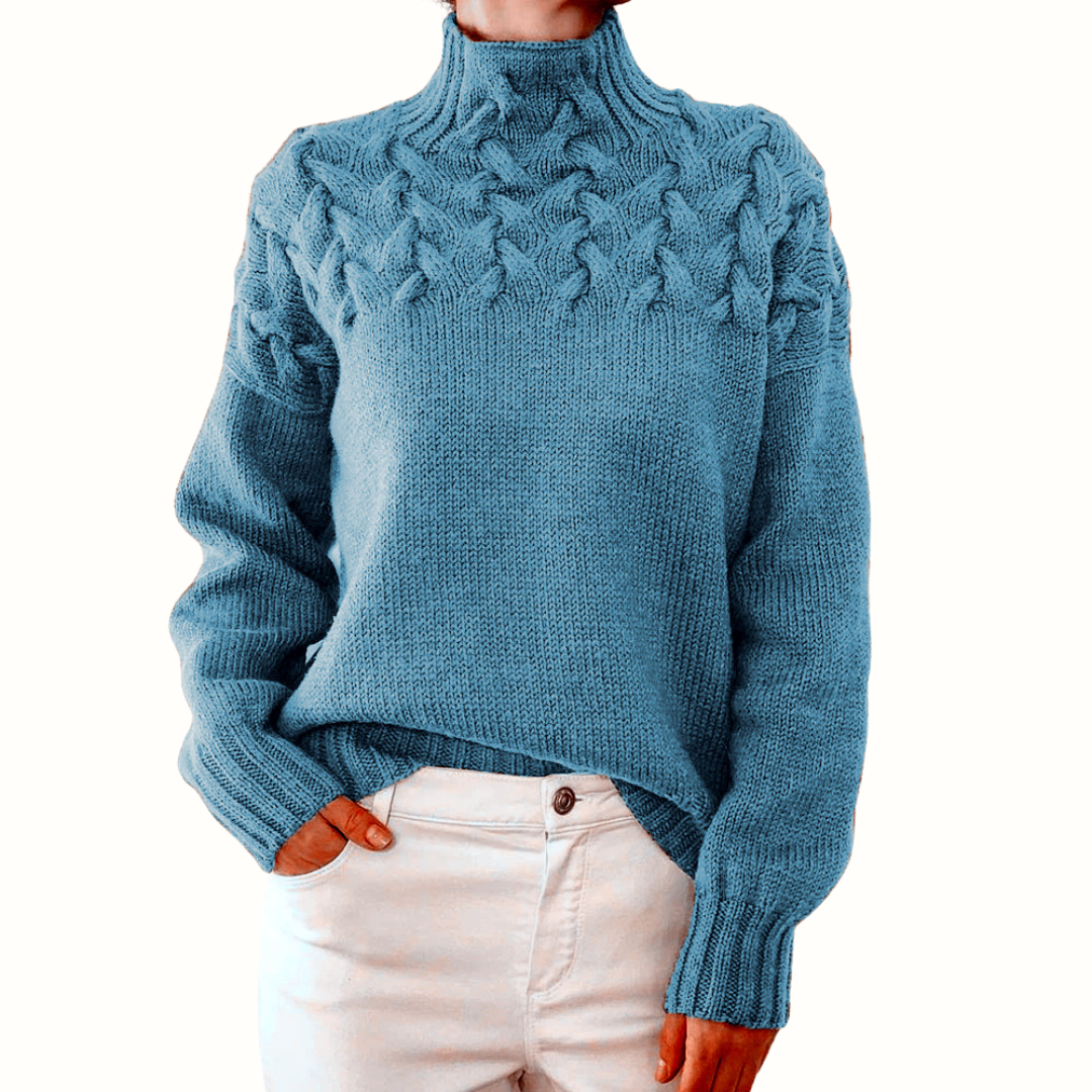 Women's Braided Yoke Roll-Neck Jumper with Ribbed Trims – Sky Blue