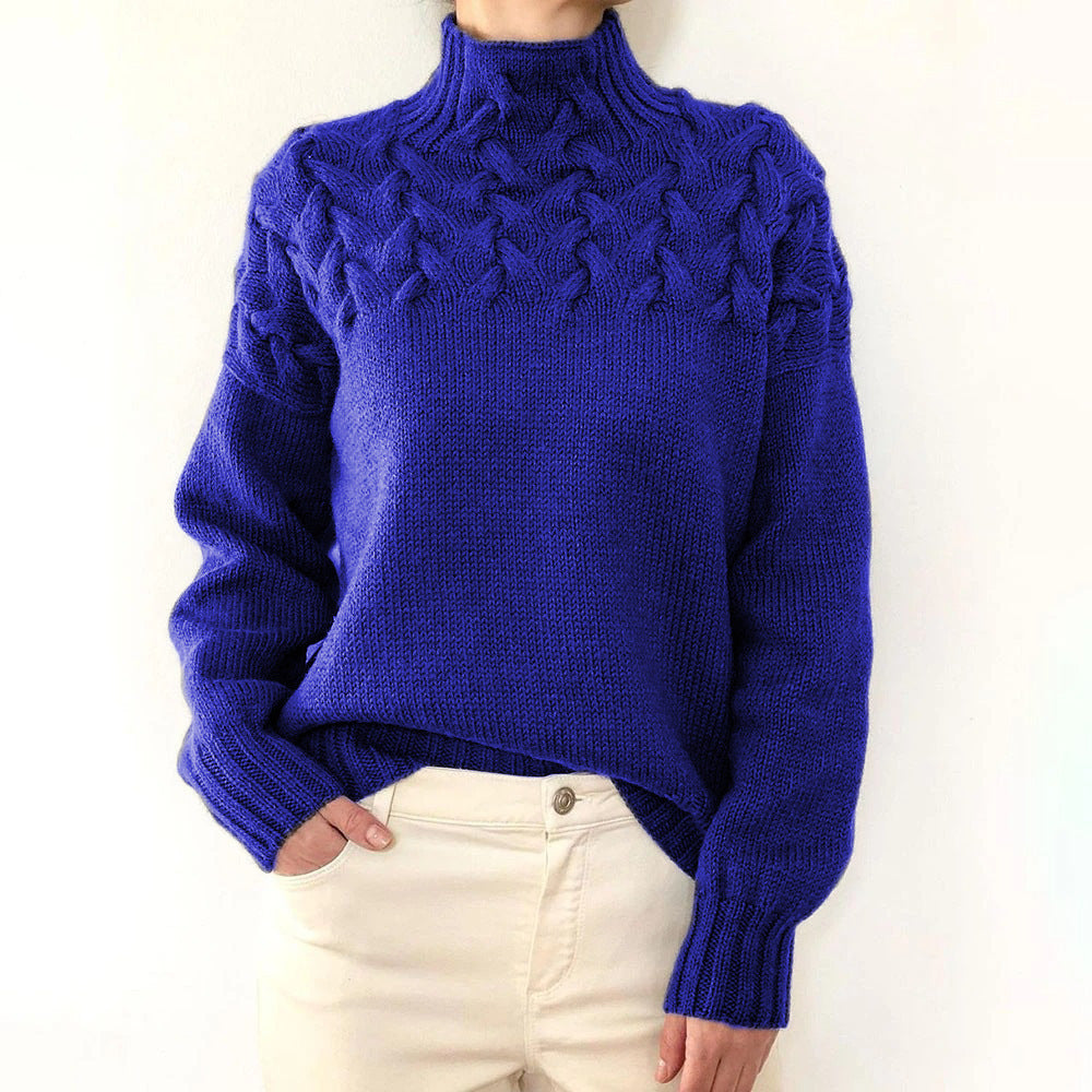 Women's Braided Yoke Roll-Neck Jumper with Ribbed Trims – Blue