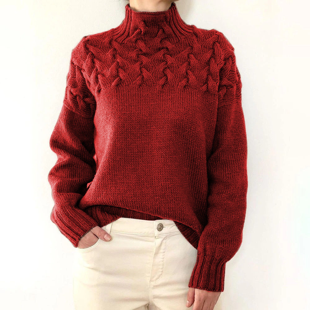 Women's Braided Yoke Roll-Neck Jumper with Ribbed Trims – Red