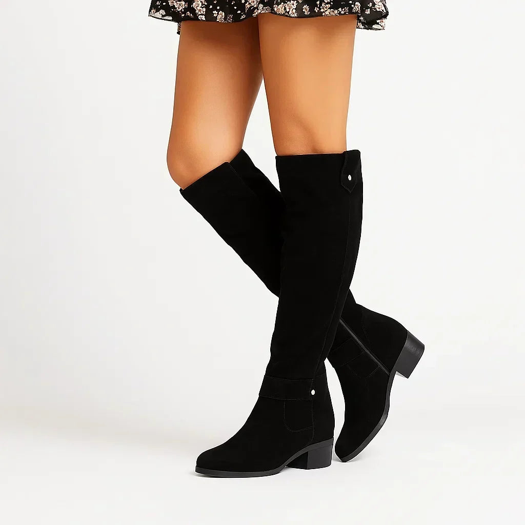 Women's Suede Knee-High Boots with Ankle Buckle – Black