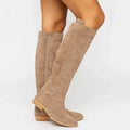 Women's Suede Knee-High Boots with Ankle Buckle – Beige