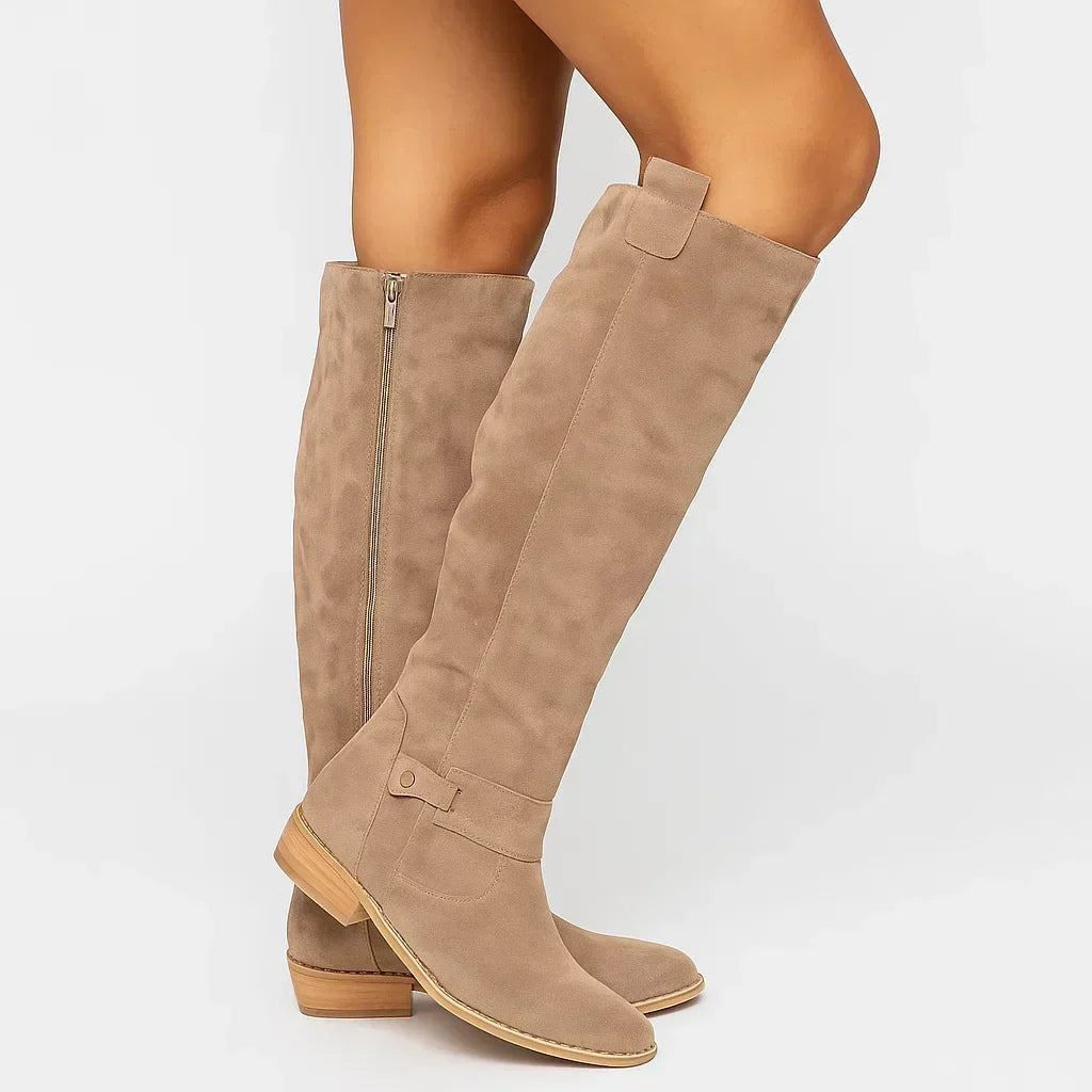 Women's Suede Knee-High Boots with Ankle Buckle – Beige