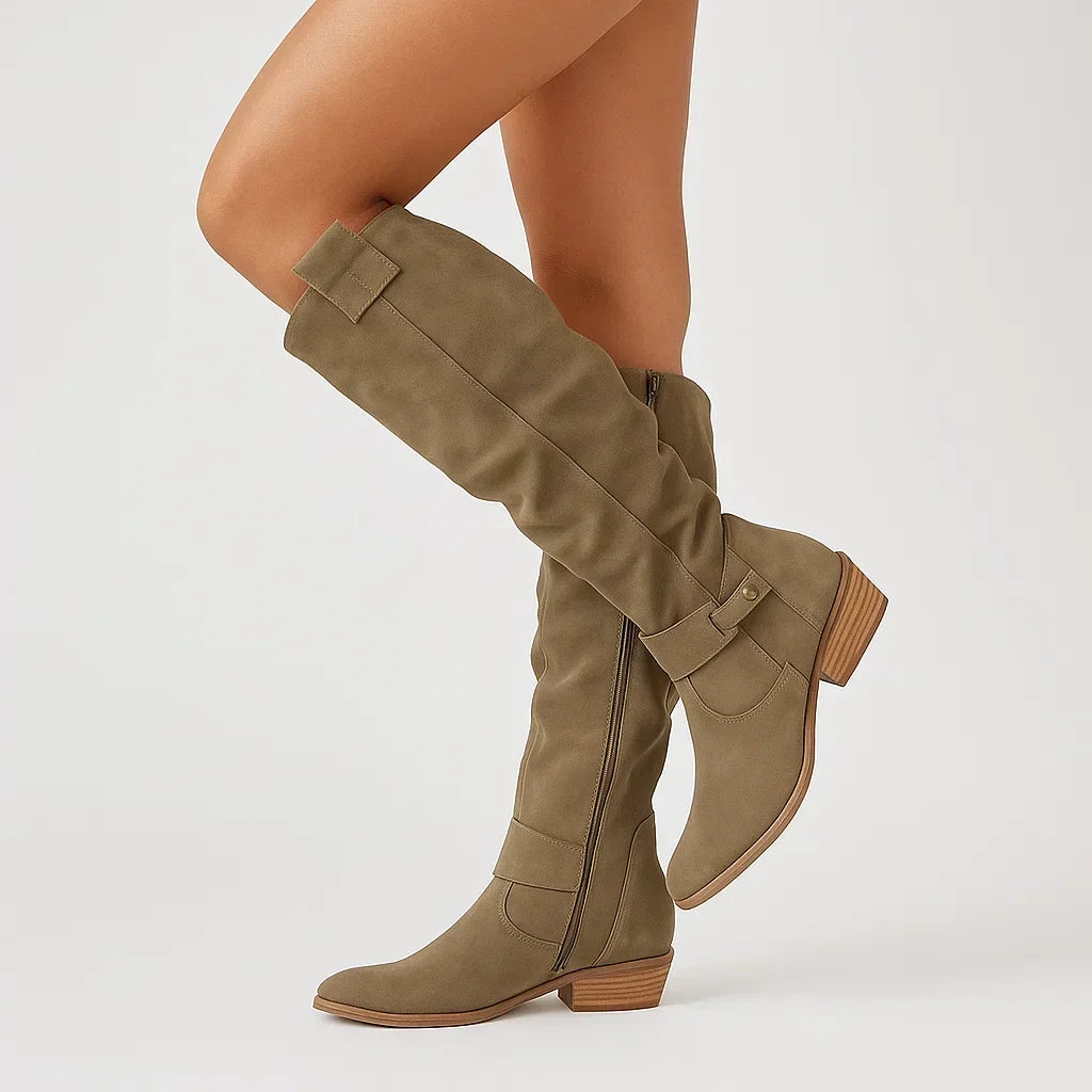 Women's Suede Knee-High Boots with Ankle Buckle – Dark Green
