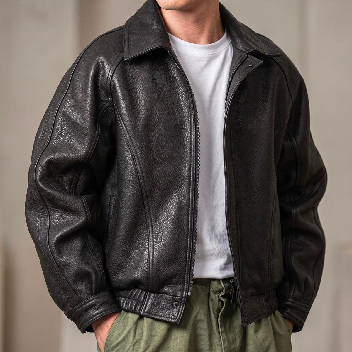 Men's Zip-Front Leather Jacket with Cotton Lining – Black