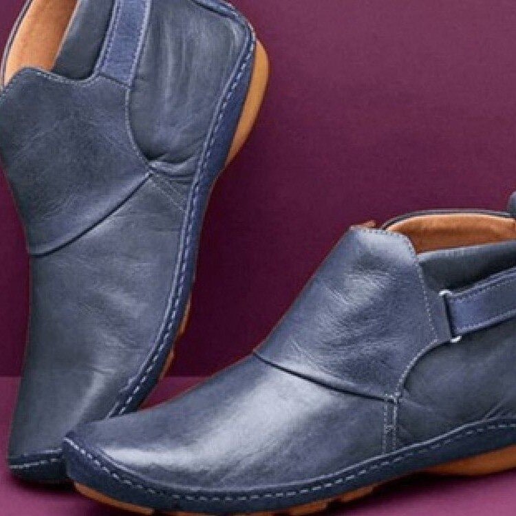 Women's Handstitched Leather Ankle Boots with Adjustable Strap – Navy Blue