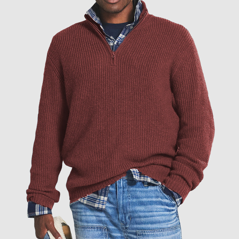 Men's Fine-Ribbed Quarter-Zip Soft Knit Jumper Regular Fit – Wine Red