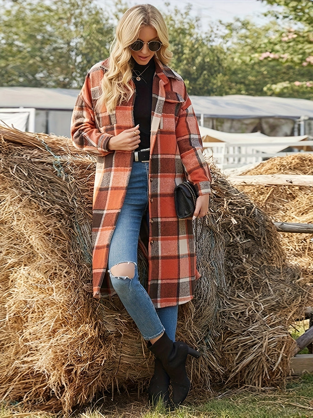 Women's Country Check Long Coat with Chest Pockets