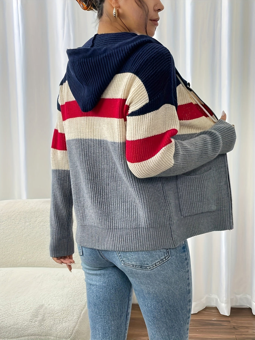 Women's Ribbed Knit Zip-Through Hooded Cardigan