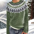 Women's Close-Fit Fair Isle Neckline Knit Jumper - Green