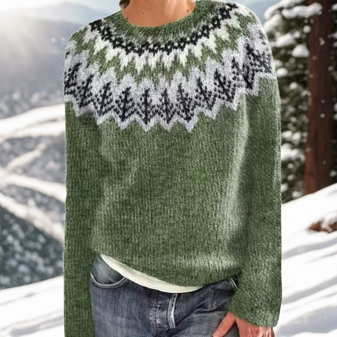 Women's Close-Fit Fair Isle Neckline Knit Jumper - Green