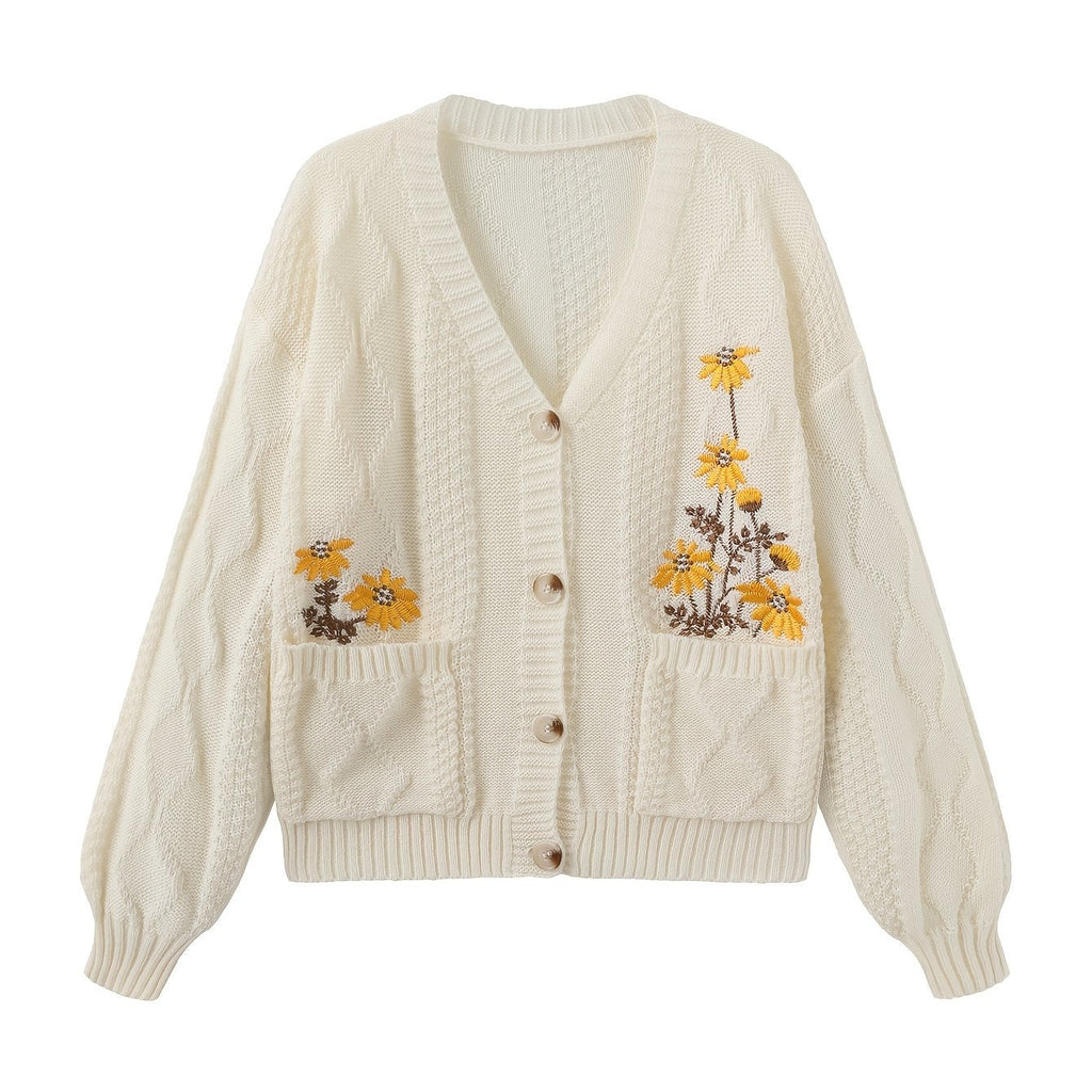 Women's Embroidered Flower Knit Cardigan with Pockets - Apricot