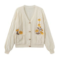 Women's Embroidered Flower Knit Cardigan with Pockets - Apricot