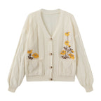 Women's Embroidered Flower Knit Cardigan with Pockets - Apricot