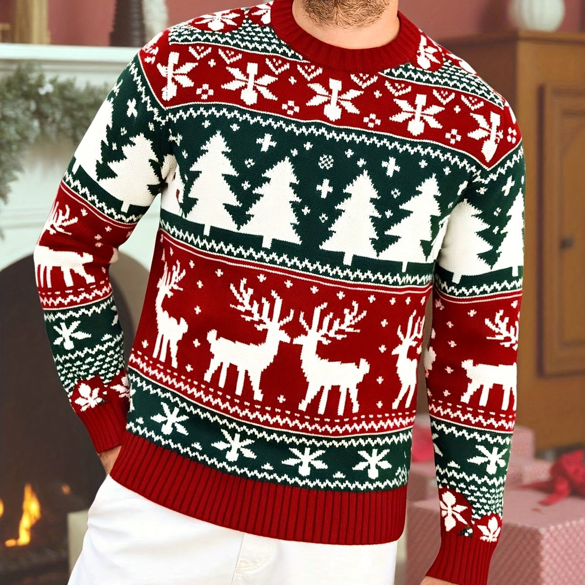Women's Thick Knit Christmas Jumper with Classic Winter Motifs - Red