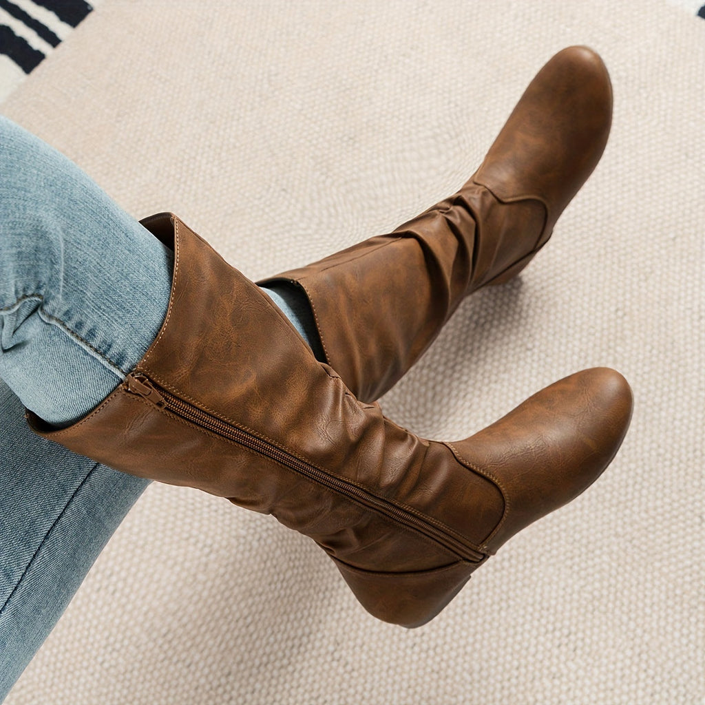 Women's Flat Knee-High Boots with Gathered Shaft