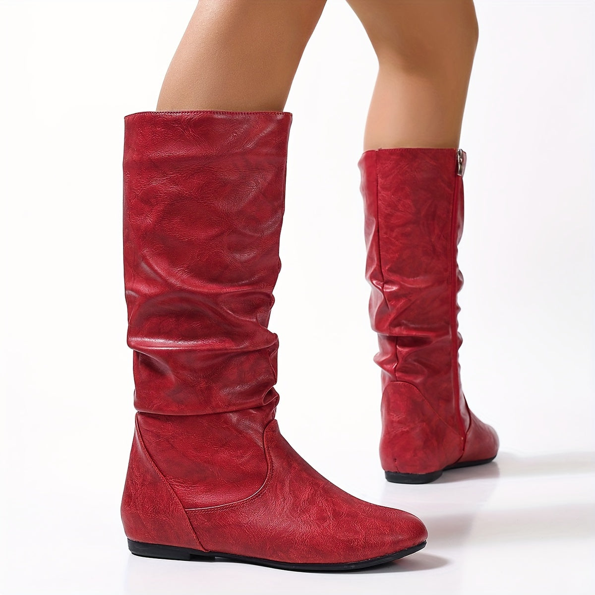 Women's Flat Knee-High Boots with Gathered Shaft