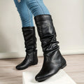 Women's Flat Knee-High Boots with Gathered Shaft – Black