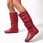 Women's Flat Knee-High Boots with Gathered Shaft