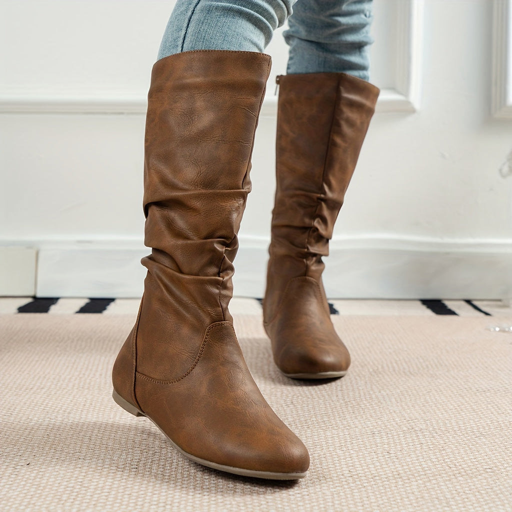 Women's Flat Knee-High Boots with Gathered Shaft