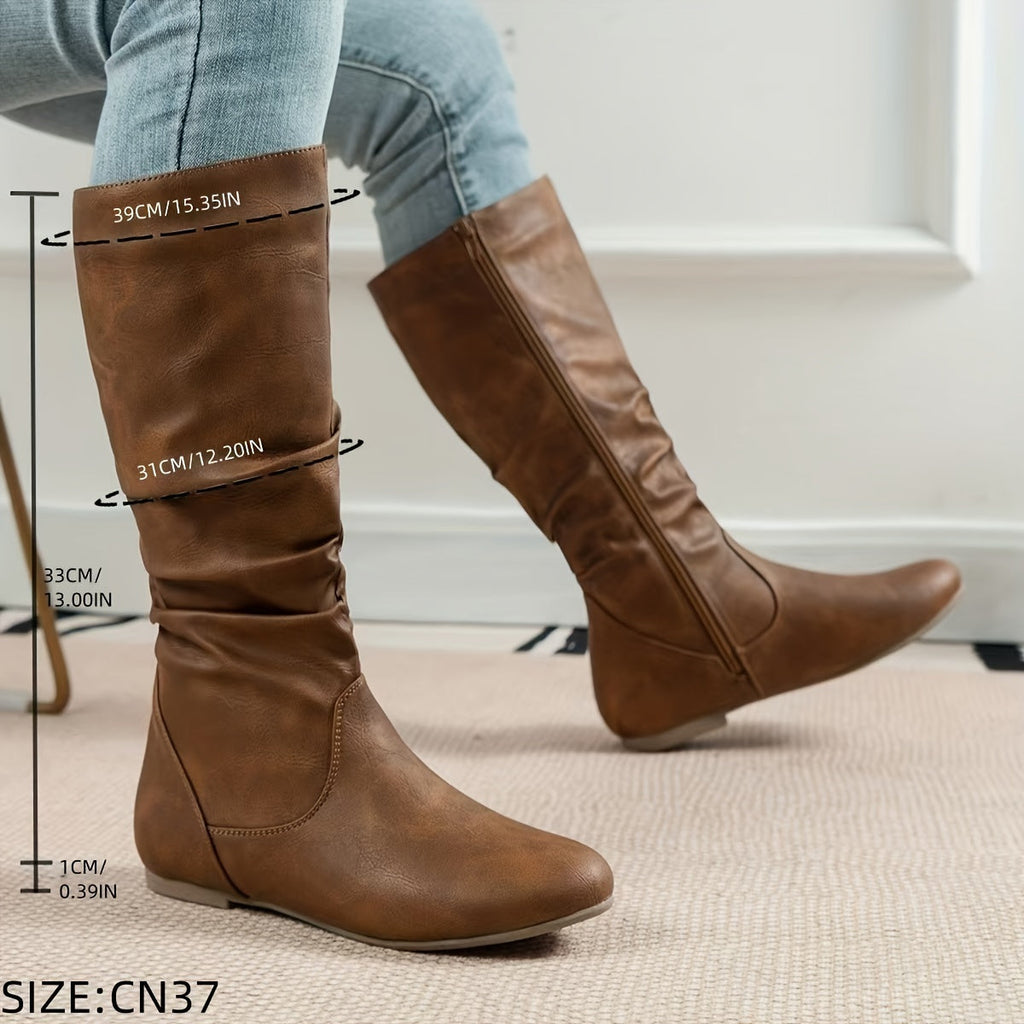 Women's Flat Knee-High Boots with Gathered Shaft