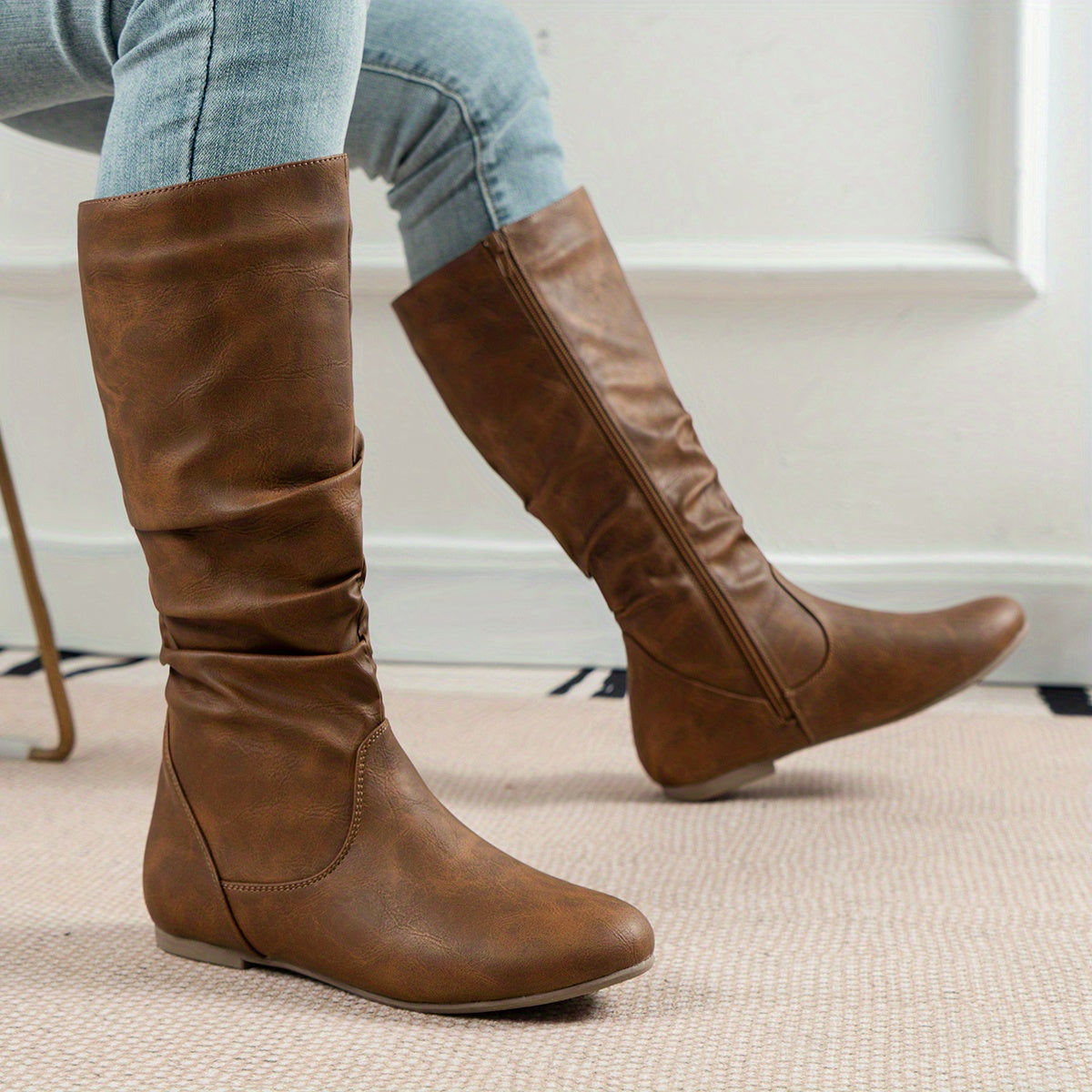Women's Flat Knee-High Boots with Gathered Shaft – Light Brown