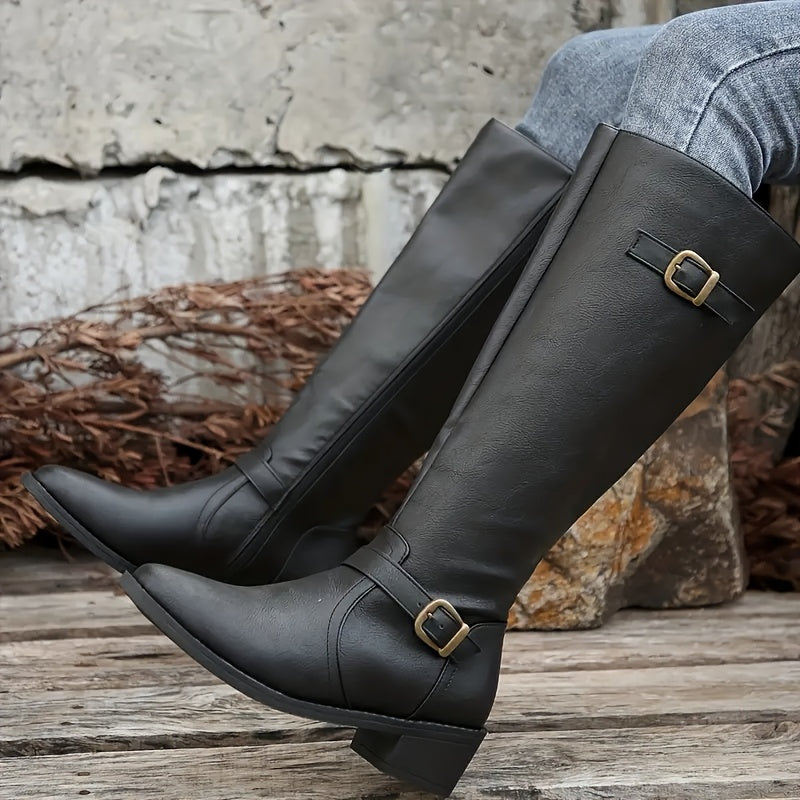 Women's Faux Leather Knee-High Boots with Buckle Trim