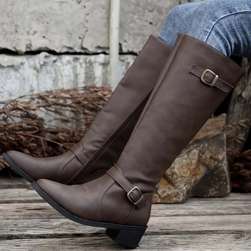 Women's Faux Leather Knee-High Boots with Buckle Trim