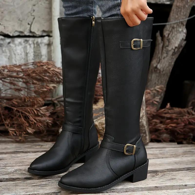 Women's Faux Leather Knee-High Boots with Buckle Trim