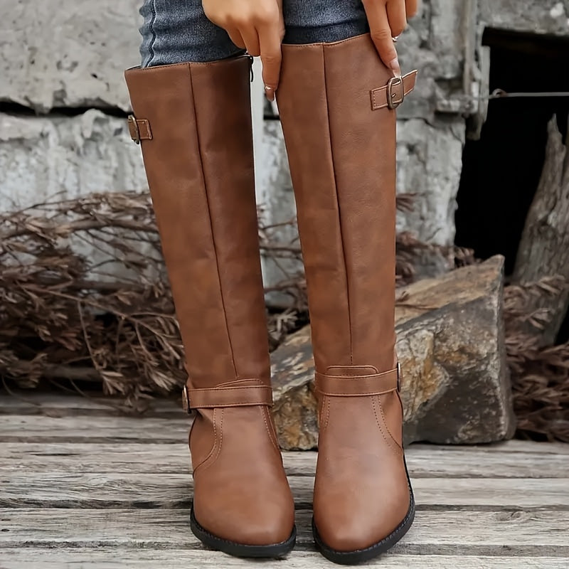 Women's Faux Leather Knee-High Boots with Buckle Trim – Brown