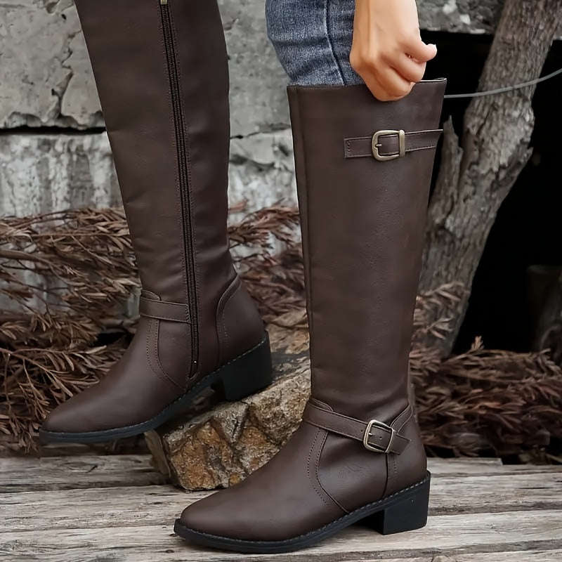 Women's Faux Leather Knee-High Boots with Buckle Trim