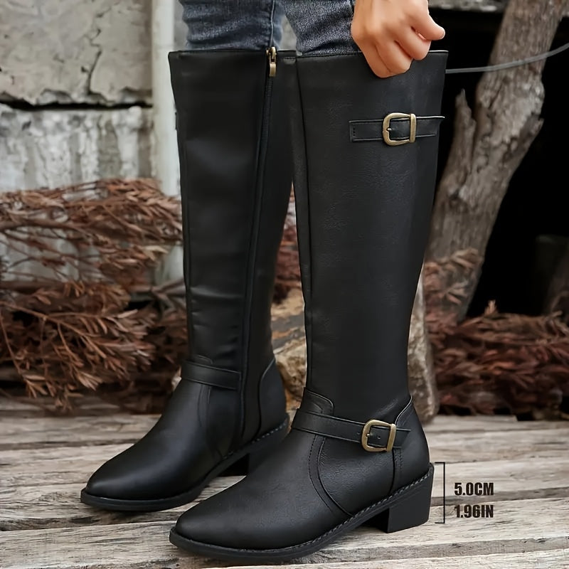 Women's Faux Leather Knee-High Boots with Buckle Trim – Black