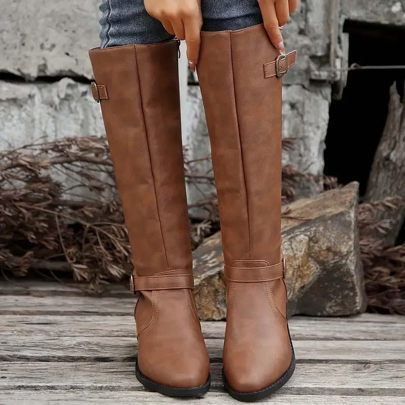 Women's Faux Leather Knee-High Boots with Buckle Trim